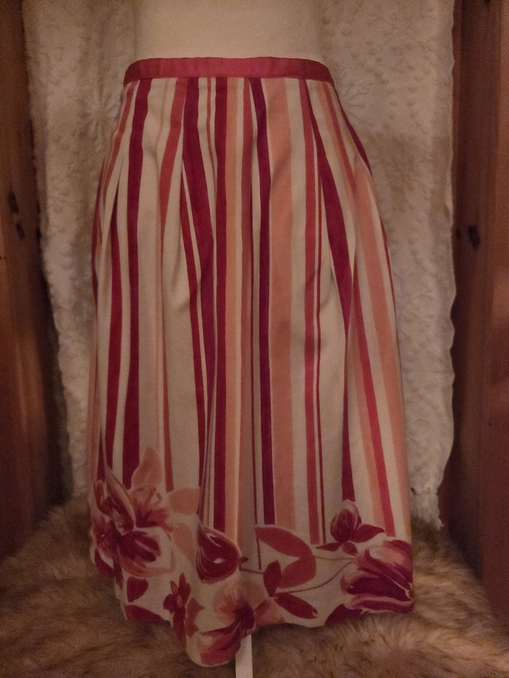 Talbots Pink & Cream Striped Floral Midi Skirt Size 8